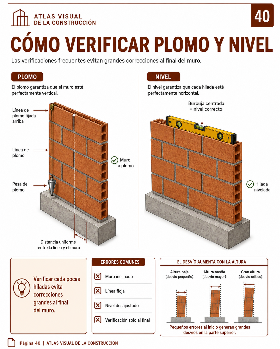 Página del Atlas Visual de la Construcción: Cómo verificar plomada y nivel